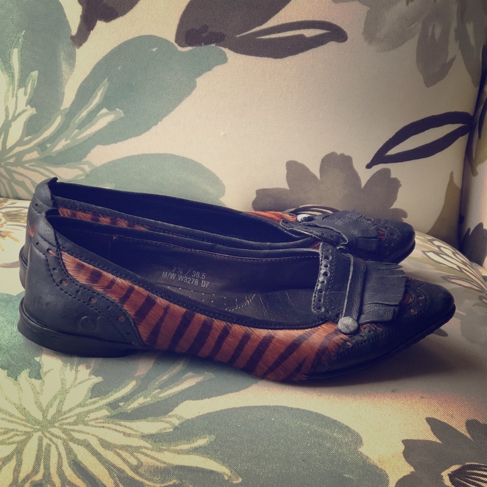 Born Pony Hair Black/Brown Flats Sz 7.5